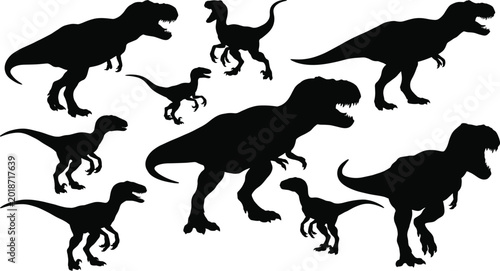 Dinosaur silhouette collection with tyrannosaurus rex and velociraptor poses isolated on light background prehistoric vector set