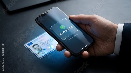 A person holds a smartphone with a green checkmark on the screen next to an identification card on a dark surface.