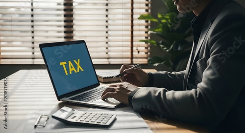 Holographic tax concept businessman working on laptop with tax display
