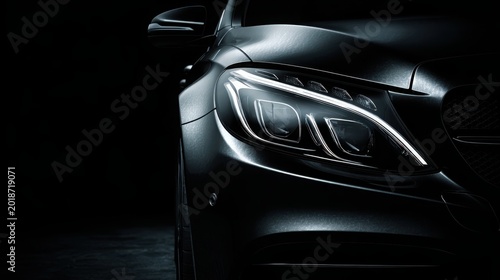 Close-up of a modern black luxury car with illuminated LED headlight in dramatic dark lighting and sleek automotive design.