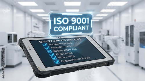 A tablet displays quality control data in an industrial laboratory setting with machines.