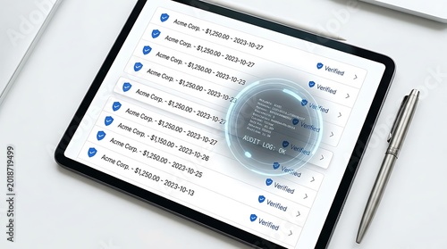 A tablet displaying various categorized icons lies on a desk with a pen.