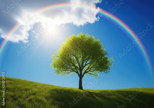 A tree on a green hill with a rainbow in the sky on a sunny day with clouds
