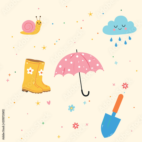 Canvas Print Spring rain vector illustration set – umbrella boots shovel snail and cloud