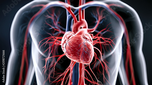 Detailed view of the human heart and circulatory system with vibrant red veins and arteries against a dark backdrop