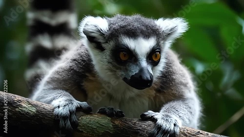 Curious ring-tailed lemur perched on a branch in lush green jungle habitat