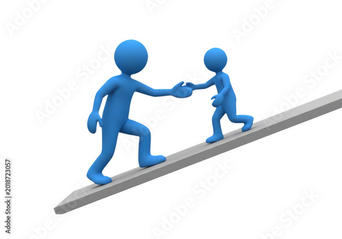 3d illustration of a large blue figure helping a smaller blue figure climb a ramp isolated on transparent background