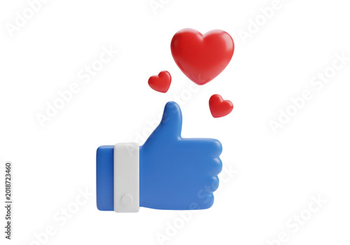 3d render of a blue thumbs up icon with red hearts isolated on transparent background