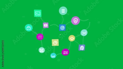 Offscreen icons entering, forming arch with links, dispersing to reveal menu on transparent plane