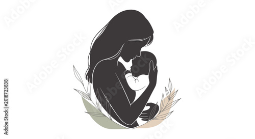 Foto Minimalist silhouette of a mother tenderly holding her newborn baby with floral