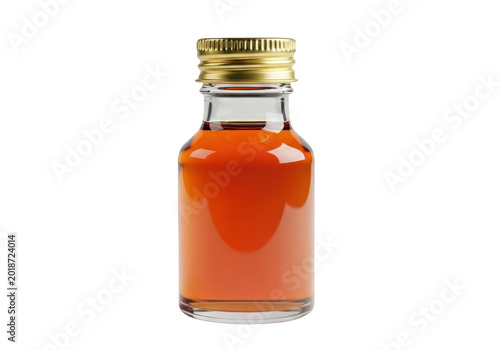 Small glass bottle with gold cap filled with amber liquid isolated on transparent background