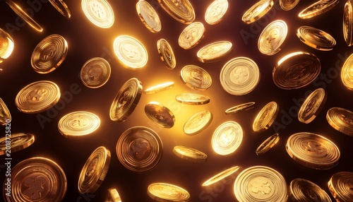 glowing golden coins floating and spinning in dark space close up view with bright warm light reflections and shiny metallic texture in high detail 3d render