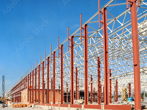 Steel frame construction of a large industrial building against a clear blue sky