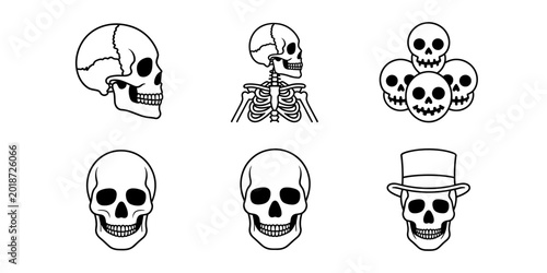 Foto Set of human skull icons and skeletons in black line art isolated on white backg