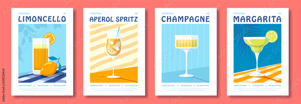 Naklejka premium Set of summer Italian flat posters or covers with cocktails. Menu design. Vector illustration