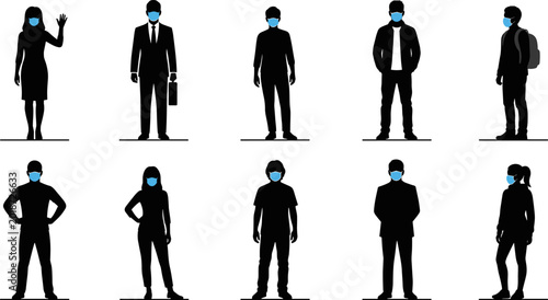 Φωτογραφία Silhouettes of diverse people in casual and professional attire wearing face mas