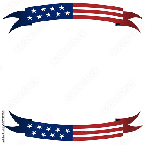 Patriotic American flag ribbon frame with stars and stripes along the top and bottom on a black background. Perfect for Fourth of July, Memorial Day, Veterans Day, invitations, posters and banners