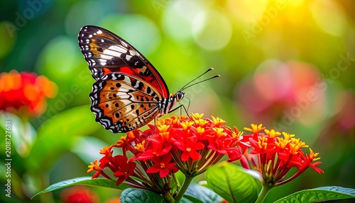 Detailed colorful butterfly with intricate wing patterns perched on vibrant red flowers in a lush green garden with soft bokeh background and warm sunlight