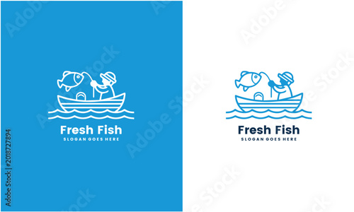 Tableau sur toile Fresh Fish Logo Design with Boat and Fisherman Illustration