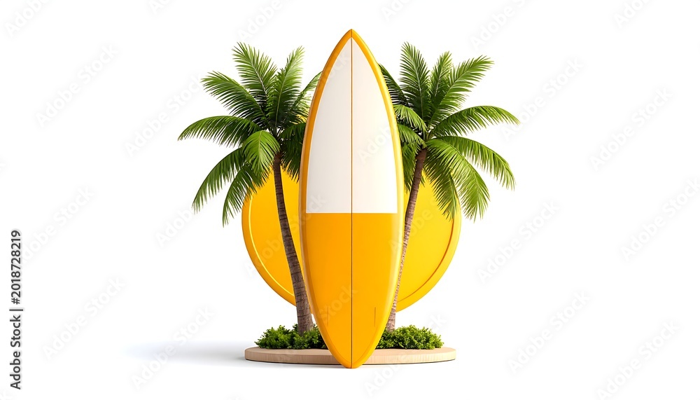 Fototapeta premium Bright yellow surfboard, two palm trees, and sun. Summer vacation concept