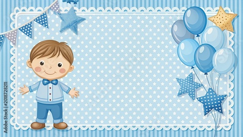 Baby boy shower card. Invitation template with cute toys, place for your text. Labels with letters and kids illustration.