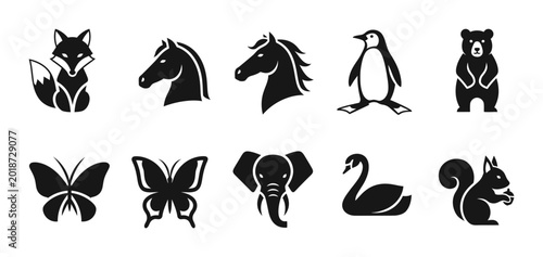Schilderij op canvas Set of 10 Diverse Animal Icons, Black Silhouette Vector Graphics for Nature and