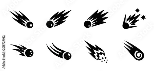 Tableau sur toile Meteorite Icons Set, Falling Stars Vector Graphics, Cosmic Objects Collection, S