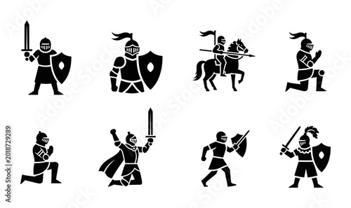 Photos Medieval Knight Icons Set, Warrior Silhouette Collection, Heroic Poses Vector Gr