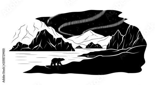 Arctic Landscape Illustration with Polar Bear and Northern Lights