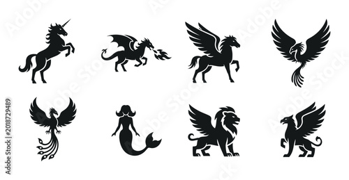 Bild auf Leinwand Mythical Creatures Silhouettes: Unicorn, Dragon, Pegasus, Phoenix, Mermaid, Grif