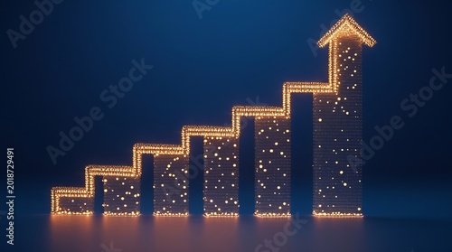 Abstract bar chart made of glowing particles, signifying growth and success, digital concept.