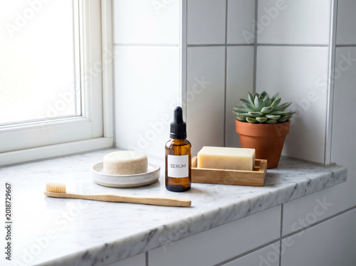 Zero Waste Bathroom Products Arranged on Marble Shelf Reflecting Sustainable Personal Care and Plastic Free Routine