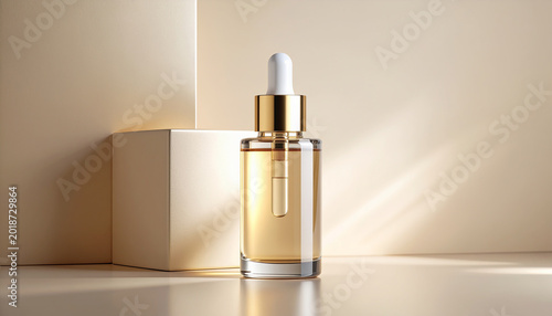 Luxury Gold Serum in Transparent Glass Dropper Bottle on Beige Background Elegant Cosmetic