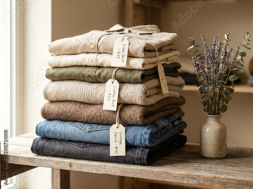 Neatly Folded Secondhand Clothing Stacked on Wooden Shelf Representing Slow Fashion and Conscious Consumer Choice
