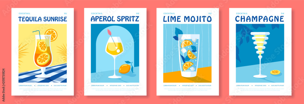 Fototapeta premium Set of summer Italian flat posters or covers with cocktails. Menu design. Vector illustration