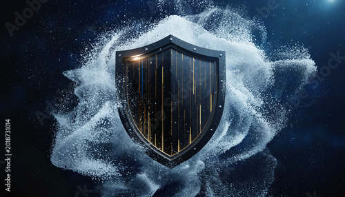 A shield emerges from smoke with gold lines on a dark background