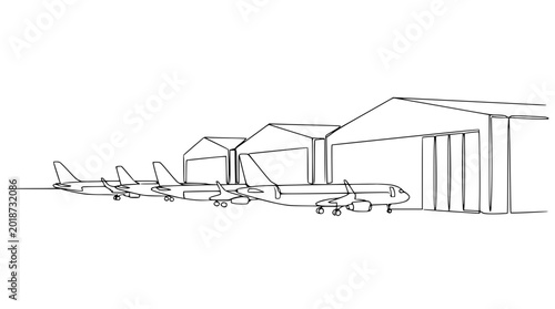 Line of Airplanes Parked Outside Hangars, Aviation Industry Concept, Sketch Style