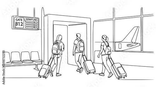 Obraz na plátně Travelers walking to airport departure gate with luggage, airline travel concept