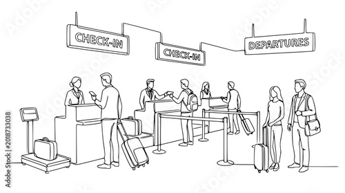 Quadro su tela Airport check-in line with passengers, luggage, and staff at counter