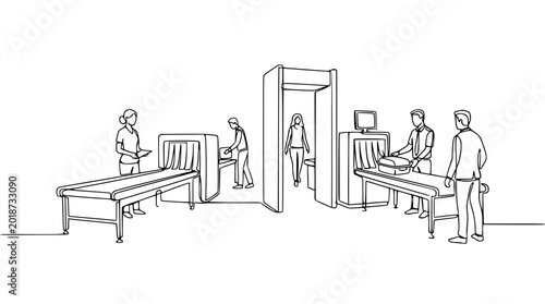 Airport Security Checkpoint Line Art: Passengers and X-ray Scanner