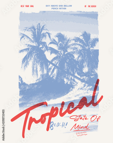 Vintage Palm Tree Tee Shirt Design. tropical summer Beach Surfing T-shirt vector artwork. summer poster design. retro men's grunge Costal print.  