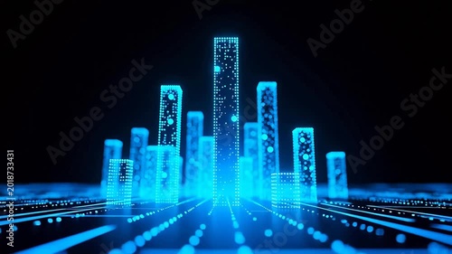 Blue light geometric buildings in black space