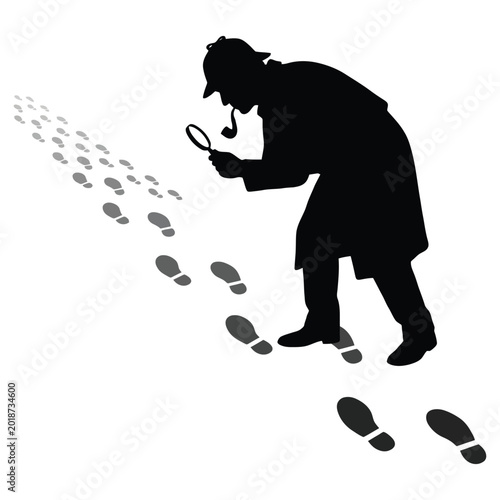 Detective silhouette investigating footprints with magnifying glass
