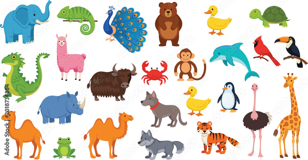 Naklejka premium Mega collection of cute cartoon animal vectors featuring elephant giraffe tiger monkey peacock dolphin penguin and various wildlife species,
