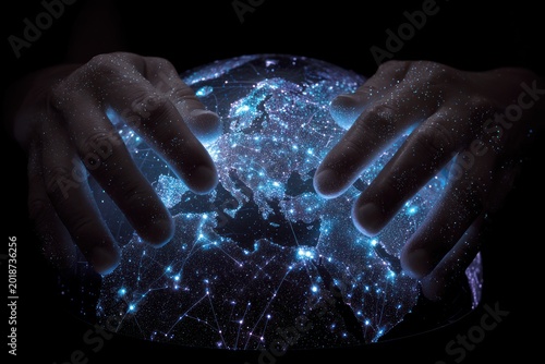 Hands holding glowing globe, interconnected world