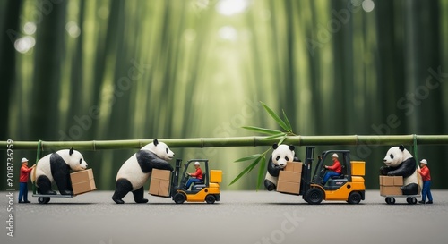 Adorable miniature pandas operating forklifts for delivery in a vibrant bamboo forest setting