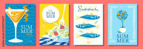 Bild auf Leinwand Set of summer Italian posters or covers with limoncello cocktail, pasta, tomatoes, fish, lemons and lemon tree