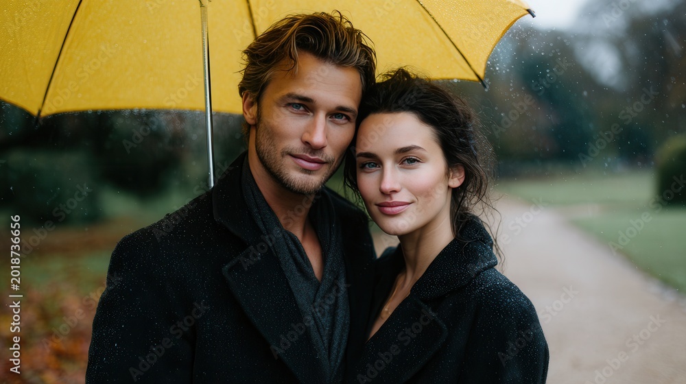 Fototapeta premium Young adult couple in black coats under bright yellow umbrella on rainy path, wet hair/clothing, autumn foliage blurred, soft lighting, intimate romantic mood.