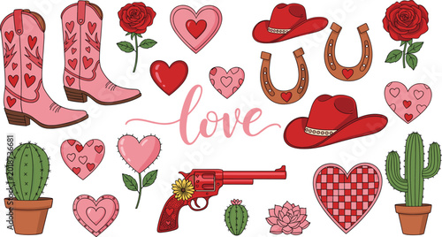 Tableau sur toile Western Valentine cowgirl vector set with pink boots red hats roses hearts and cactus icons