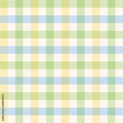 Seamless pastel gingham pattern with green, blue, and yellow stripes. Vector checkered plaid for summer  and spring design.
